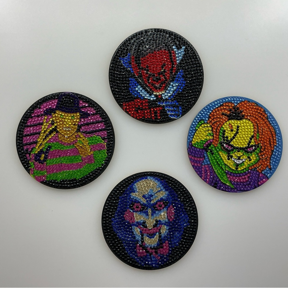 ! NEW HANDMADE! Four Pack Bundle Custom Diamond Painting Horror Coasters Set